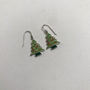 Christmas Tree Green Enamel Red Rhinestones Silver Tone Dangle Earrings